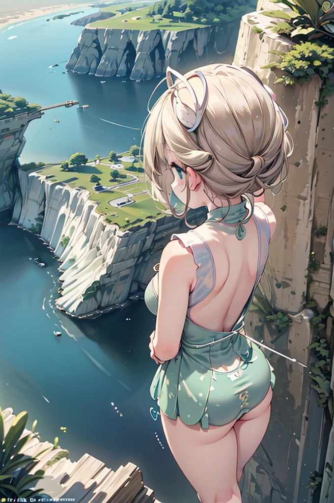 Highest quality, masterpiece, Ultra-high resolution, (Realistic:1.4), RAW Photos, Intricate details, Big beautiful eyes, Perfect contours, masterpiece, One Girl, ((Junior high school student)), Braided Bob, (aerial view:2), (perky breasts:1.5, high breasts:1.5), (curvy waist:1.5), Competitive swimmer, (one piece:1.5, turtleneck,Sleeveless swimsuit, Sandals), Clear metallic green swimsuit:1.5, tight high leg swimsuit:1.4, ((shoot from behind:2, looking away:2)), Portraiture, ((Standing on the edge of a cliff:1.5, Hesitant to jump:1.5, Incredibly high sheer cliffs:1.5, Stand at the highest point overlooking the surrounding area, peer down the cliff:1.5)), (Anxious expression、His mouth is twitching with fear), Wet Skin, (Underarm)