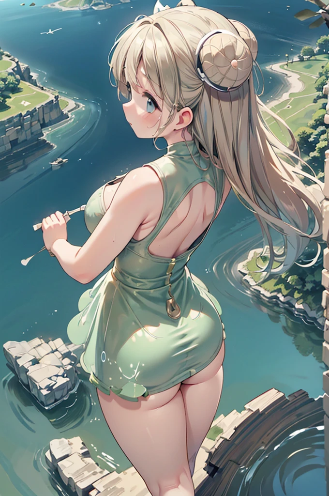 Highest quality, masterpiece, Ultra-high resolution, (Realistic:1.4), RAW Photos, Intricate details, Big beautiful eyes, Perfect contours, masterpiece, One Girl, ((Junior high school student)), Braided Bob, (aerial view:2), (perky breasts:1.5, high breasts:1.5), (curvy waist:1.5), Competitive swimmer, (one piece:1.5, turtleneck,Sleeveless swimsuit, Sandals), Clear metallic green swimsuit:1.5, tight high leg swimsuit:1.4, ((shoot from behind:2, looking away:2)), Portraiture, ((Standing on the edge of a cliff:1.5, Hesitant to jump:1.5, Incredibly high sheer cliffs:1.5, Stand at the highest point overlooking the surrounding area, peer down the cliff:1.5)), (Anxious expression、His mouth is twitching with fear), Wet Skin, (Underarm)