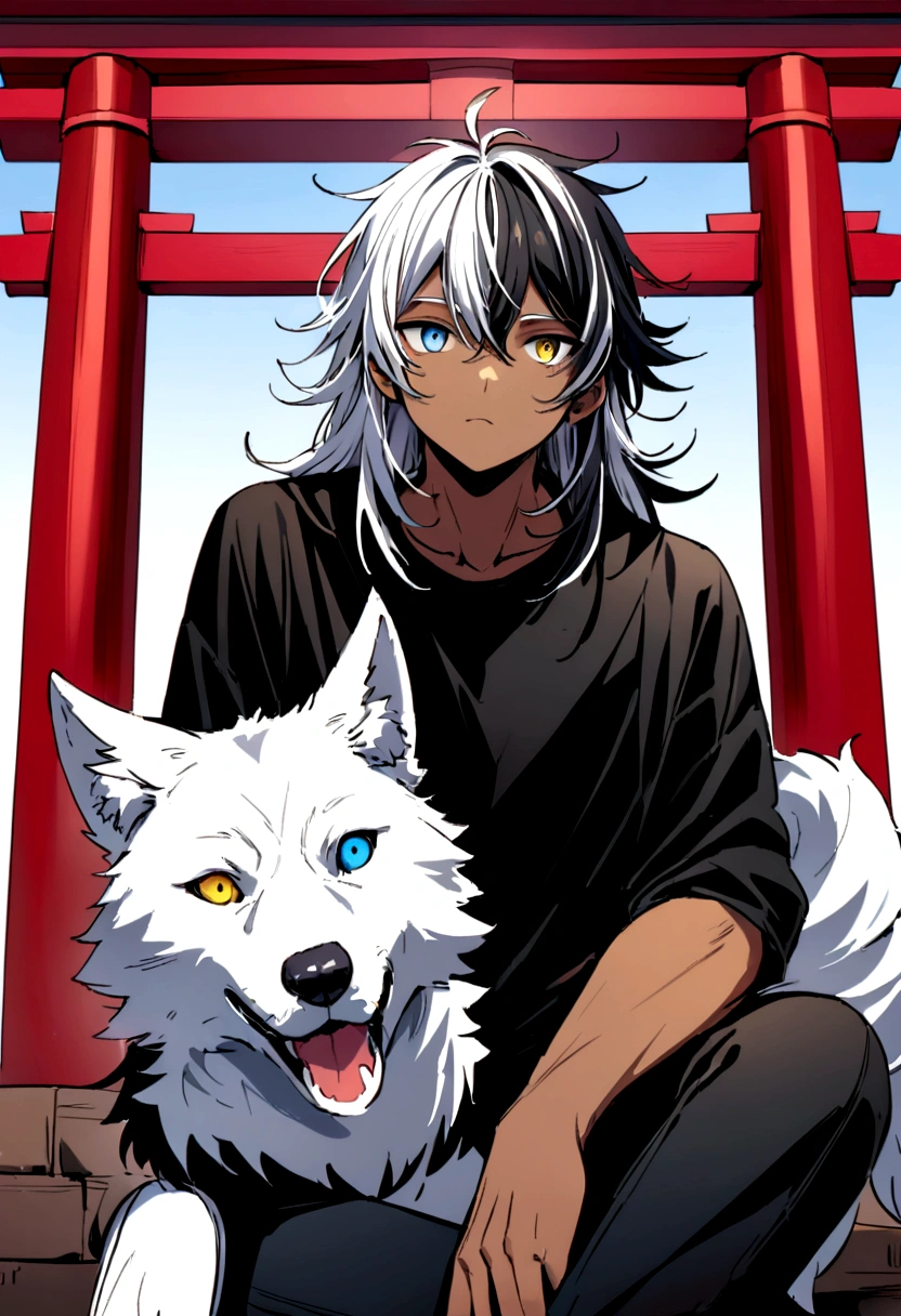 white shirt, wearing a black sweatshirt with silver details , white tennis shoes with black details, black jeans, yellow and black eyes heterochromia, expression of calm, Messy hair , Medium length hair , 1 men , multicolored black and white hair ( focus on hair containing both colors) , two tone hair , dark skin color, in a western setting , with a torii (traditional japanese gate.) in front of you, on his side he has a wolf , with messy white fur, blue colored eyes