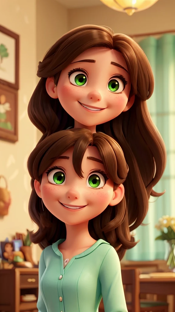 An illustration of a lovely woman, highlighting her smiling face, she is a brunette woman with beautiful and expressive green eyes, the woman's skin is black and her long straight brown hair with light highlights, she is in a bright room, with a smile on her face, and sharing a special moment characterized by love, Perceptions. Illustrate this scene from a perspective where she is facing the camera, smiling and showing your connection. Develop this art in Full HD, focus on your cinematic touch, Disney Pixar Animations style