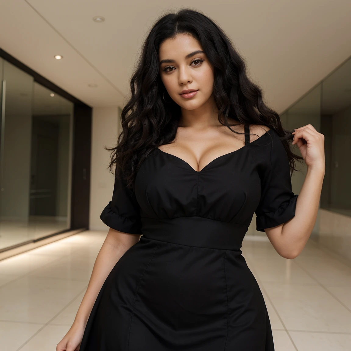 a WOMAN WITH CURLY black hair and big boos with a model dress