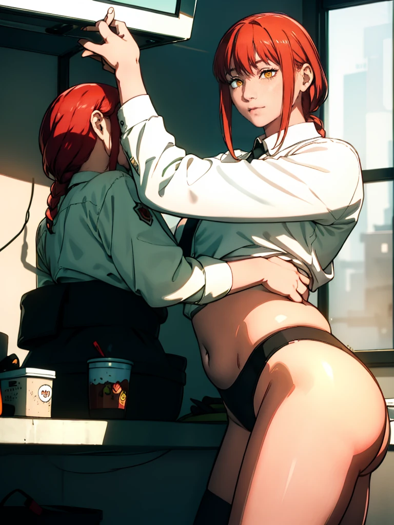Le personnage Makima de la série animée Chainsaw Man, fragile, obésité morbide, ssbbw, pleine longueur (corps entier 1.1.), fond sombre, obscurité, anatomie correcte 1.1, anatomie correcte de la main, Très féminin, corps gras et rond, grosses Jambes, fesses, beau corps obèse, ventre rond et mou très gras, ventre énorme et gras, tres grosse, obésité, cheveux roux, Yeux oranges, Cercles rouges pour les écoliers, chemise blanche, jupe noire, cravate noire, pose sexy, réaliste, very détaillé, beau corps, détaillé body, détaillé hands, détaillé, vibrant, détaillé Face, Conception des personnages de Makima. very détaillé, détaillé body, détaillé hands, détaillé Face, Art animé, Hugh Détails, Visage très abattu, détaillé eyes, Illustration ultra fine, Meilleure ombre, détail fin, beautiful détaillé glow, beautiful détaillé, Extraordinairement beau, extremely détaillé, inexpressif, composition épique, Style animé. art animé, Style animé. Jupe noire, chemise blanche, cravatte, pose sexy