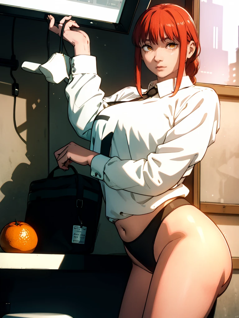 Le personnage Makima de la série animée Chainsaw Man, fragile, obésité morbide, ssbbw, pleine longueur (corps entier 1.1.), fond sombre, obscurité, anatomie correcte 1.1, anatomie correcte de la main, Très féminin, corps gras et rond, grosses Jambes, fesses, beau corps obèse, ventre rond et mou très gras, ventre énorme et gras, tres grosse, obésité, cheveux roux, Yeux oranges, Cercles rouges pour les écoliers, chemise blanche, jupe noire, cravate noire, pose sexy, réaliste, very détaillé, beau corps, détaillé body, détaillé hands, détaillé, vibrant, détaillé Face, Conception des personnages de Makima. very détaillé, détaillé body, détaillé hands, détaillé Face, Art animé, Hugh Détails, Visage très abattu, détaillé eyes, Illustration ultra fine, Meilleure ombre, détail fin, beautiful détaillé glow, beautiful détaillé, Extraordinairement beau, extremely détaillé, inexpressif, composition épique, Style animé. art animé, Style animé. Jupe noire, chemise blanche, cravatte, pose sexy