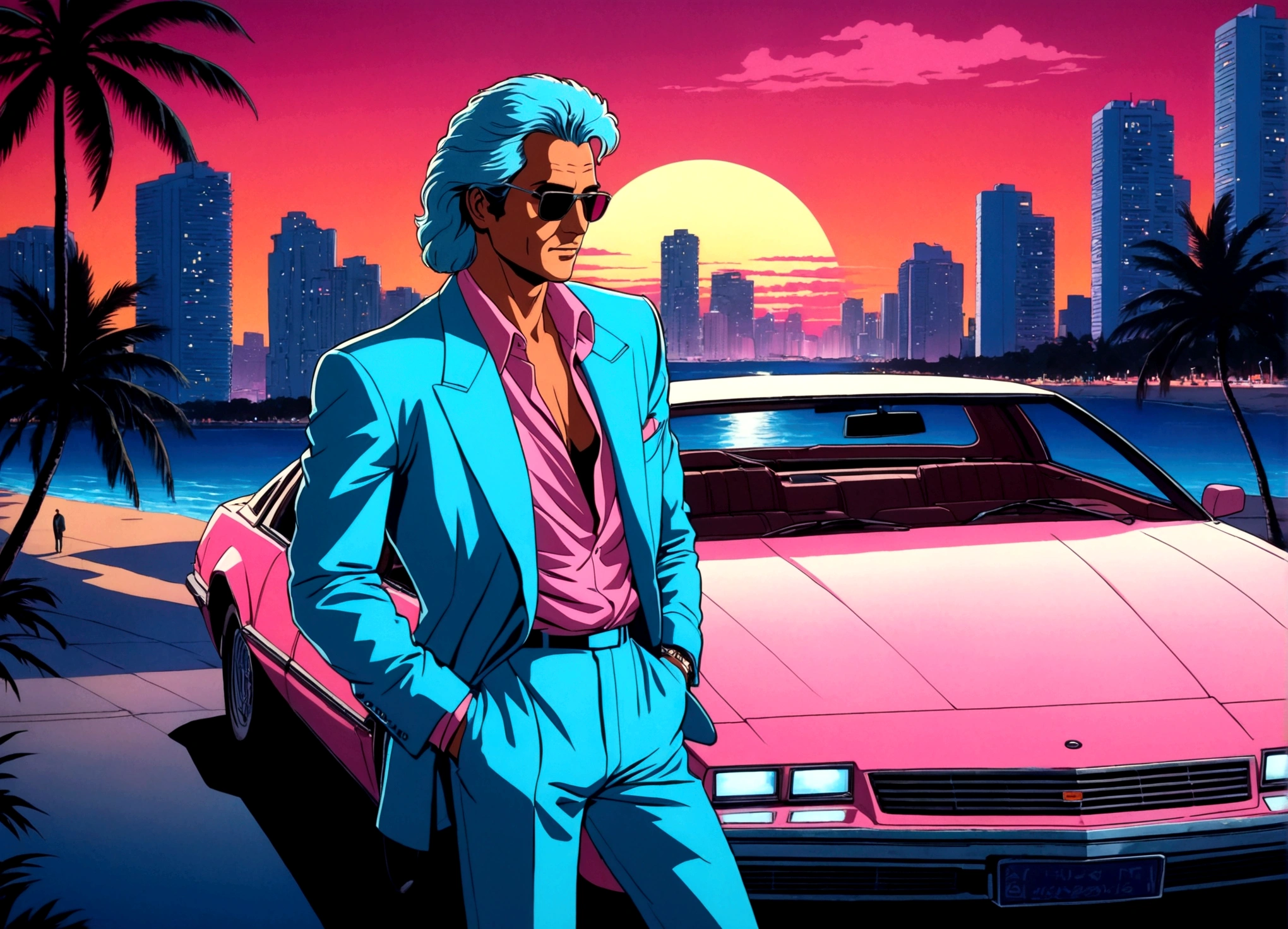 miami nights miami vice person alone sunet retro anime 80s air tonight СМОТРИТ В ДАЛЬ И КУРИТ КРАСИВЫЙ ПЕЙЗАЖ БУДРИСУНОК