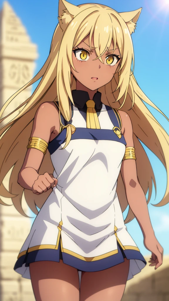 (1girl ,solo,20s,mature female),blonde hair,long hair,cat ears,yellow eyes,(((dark skin))),(Egypt, blue sky, sun),white egypt oufit,bare shoulders,looking at view,blank eyes,surprised