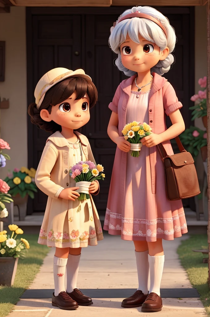 2 children giving flowers to their grandmother
