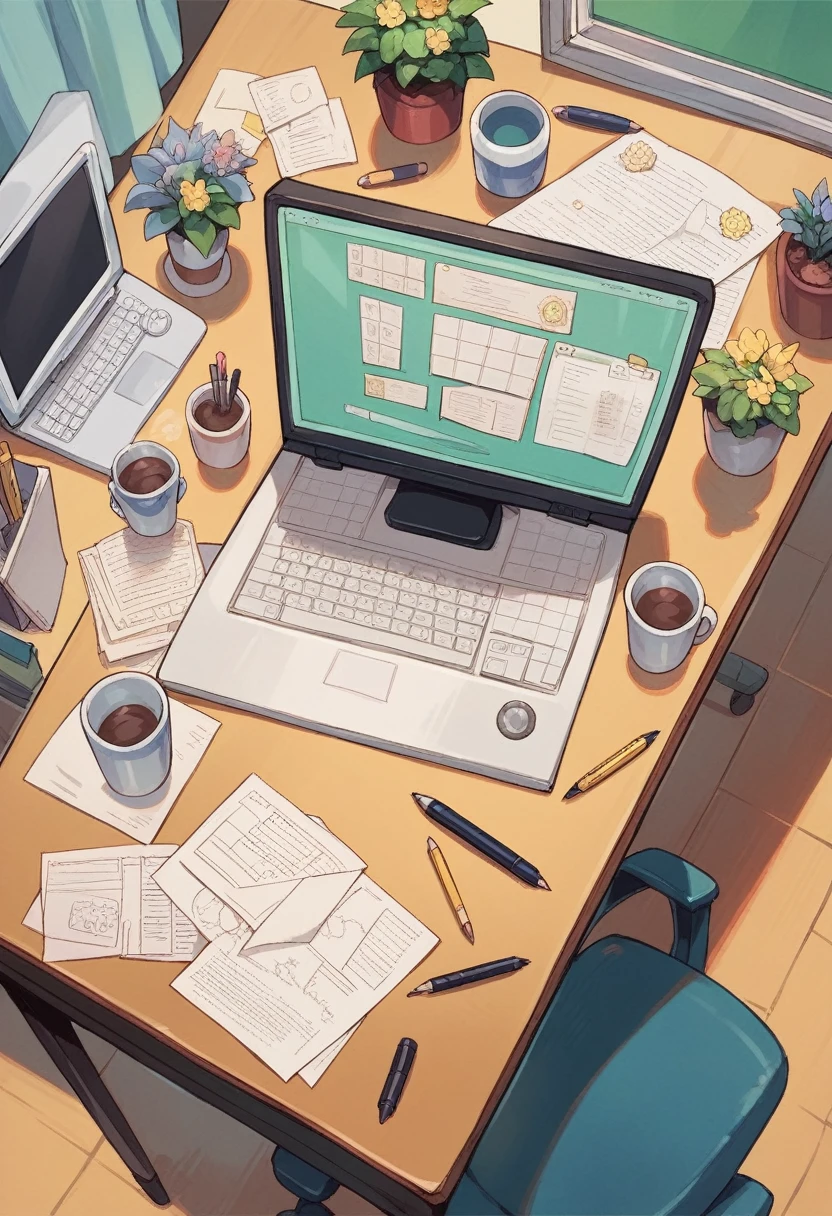 Generate for me the image seen from above of a clean style desk in a sunny location , with computer, agenda, pens scattered across the table, a cup of coffee, a small vase of flowers in the background and a notepad on top of that desk