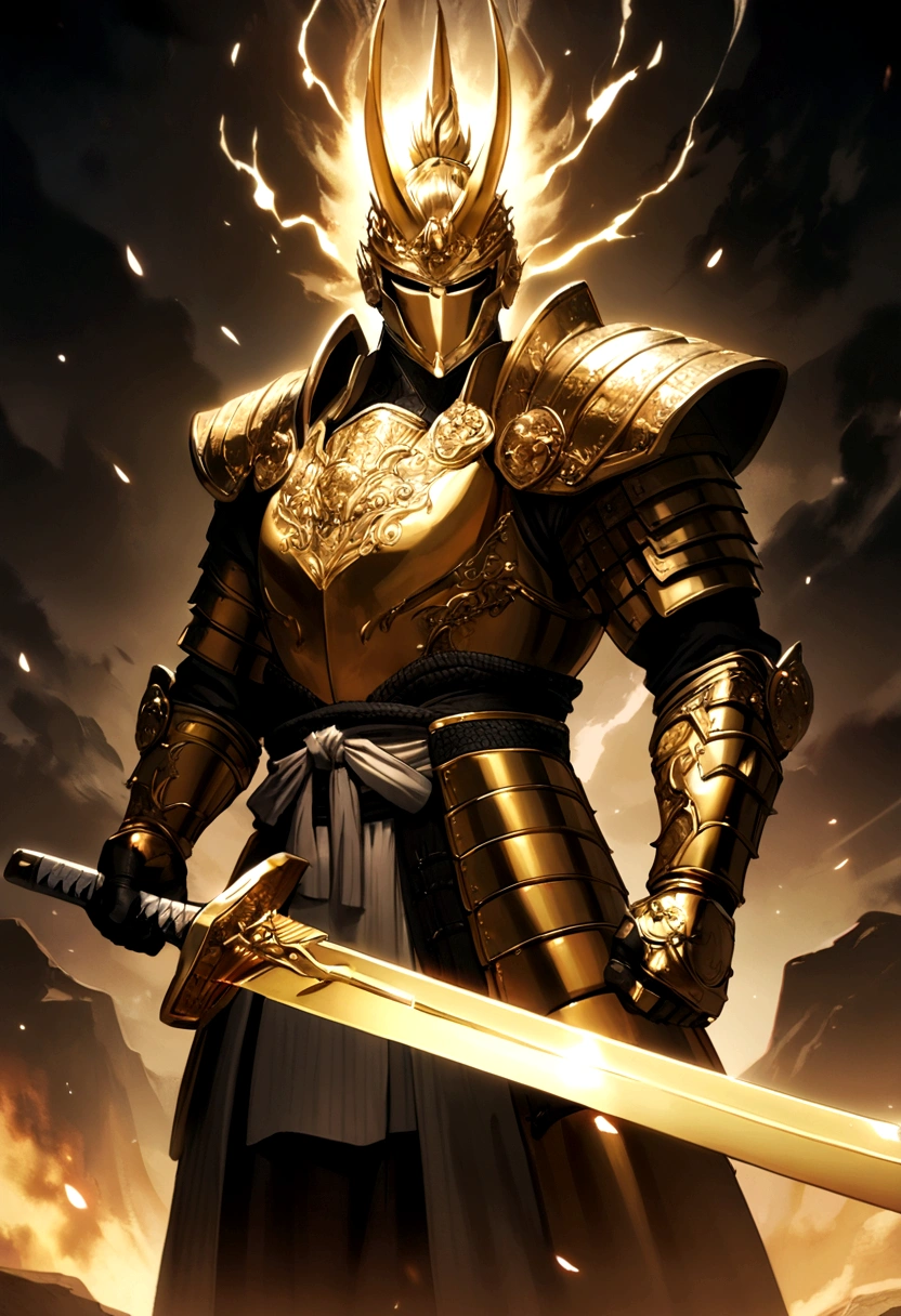 A mighty samurai with a golden blade and golden armor and an aura like the sun surrounding him and his sword