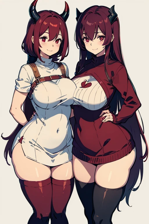 1woman. CUTE- a BUT matured, MOTHERLY. Standing straight and facing towards camera, big warm smile, closed eyes, hands together held above chest. SHORT but very puffy maroon hair, red eyes, pale skin. Devil lady, has black curved horns, and a red DEVIL tail. + red DEVIL tail. a VERY-. Tall and very SLIM body, curvy but also muscled. Wearing baggy oversized sweater, big thick maroon long boots