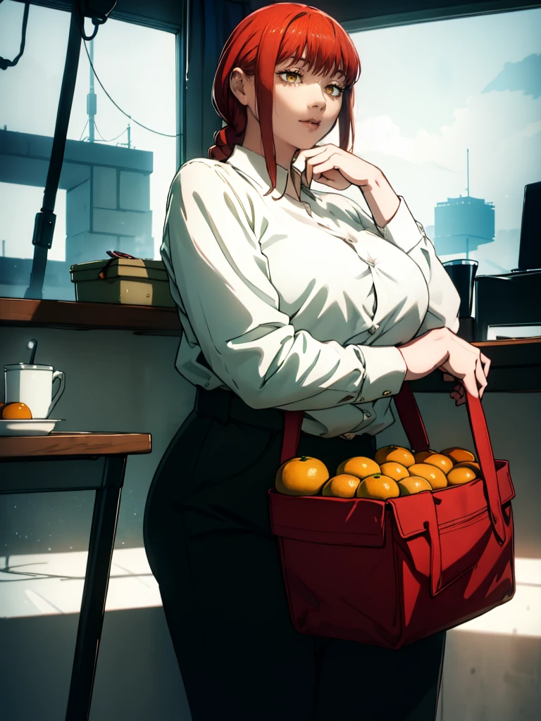 Le personnage Makima de la série animée Chainsaw Man, fragile, obésité morbide, ssbbw, pleine longueur (corps entier 1.1.), fond sombre, obscurité, anatomie correcte 1.1, anatomie correcte de la main, Très féminin, corps gras et rond, grosses Jambes, fesses, beau corps obèse, ventre rond et mou très gras, cheveux roux, Yeux oranges, Cercles rouges pour les écoliers, chemise blanche, jupe noire, cravate noire, pose sexy, réaliste, very détaillé, beau corps, détaillé body, détaillé hands, détaillé, vibrant, détaillé Face, Conception des personnages de Makima. very détaillé, détaillé body, détaillé hands, détaillé Face, Art animé, Hugh Détails, Visage très abattu, détaillé eyes, Illustration ultra fine, Meilleure ombre, détail fin, beautiful détaillé glow, beautiful détaillé, Extraordinairement beau, extremely détaillé, inexpressif, composition épique, Style animé. art animé, Style animé. Jupe noire, chemise blanche, cravatte, pose sexy