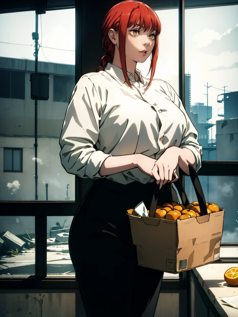Le personnage Makima de la série animée Chainsaw Man, fragile, obésité morbide, ssbbw, pleine longueur (corps entier 1.1.), fond sombre, obscurité, anatomie correcte 1.1, anatomie correcte de la main, Très féminin, corps gras et rond, grosses Jambes, fesses, beau corps obèse, ventre rond et mou très gras, cheveux roux, Yeux oranges, Cercles rouges pour les écoliers, chemise blanche, jupe noire, cravate noire, pose sexy, réaliste, very détaillé, beau corps, détaillé body, détaillé hands, détaillé, vibrant, détaillé Face, Conception des personnages de Makima. very détaillé, détaillé body, détaillé hands, détaillé Face, Art animé, Hugh Détails, Visage très abattu, détaillé eyes, Illustration ultra fine, Meilleure ombre, détail fin, beautiful détaillé glow, beautiful détaillé, Extraordinairement beau, extremely détaillé, inexpressif, composition épique, Style animé. art animé, Style animé. Jupe noire, chemise blanche, cravatte, pose sexy, yeux jaunes