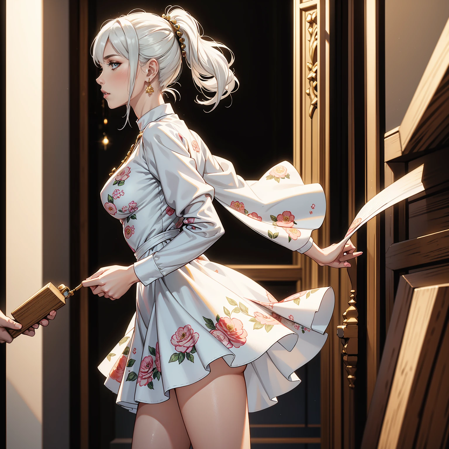 Masterpiece, Professional, High Definition - quality, sharp focus, perfect artwork, Best Illustration, trending on artstation, UHD, 4k, full body, NSFW
Generate hyper realistic image of a woman in a short dress with a floral print, her long sleeves adding a touch of elegance as she stands in a cowboy shot pose. Her white hair is styled in a chic ponytail, drawing attention to her striking profile and luscious lips, while dangling earrings catch the light.
