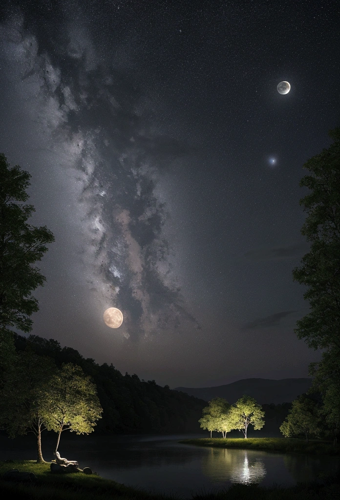 "Une nuit paisible et paisible, Profitez d'une lueur argentée. Une scène harmonieuse de la lune se reflétant délicatement sur l’eau calme. Des étoiles scintillantes parsèment le ciel sombre, créer une atmosphère magique. La nature environnante est enveloppée d’une brume légère et mystérieuse. Laissez votre imagination prendre vie dans ce tableau nocturne plein de calme et de sérénité.."
