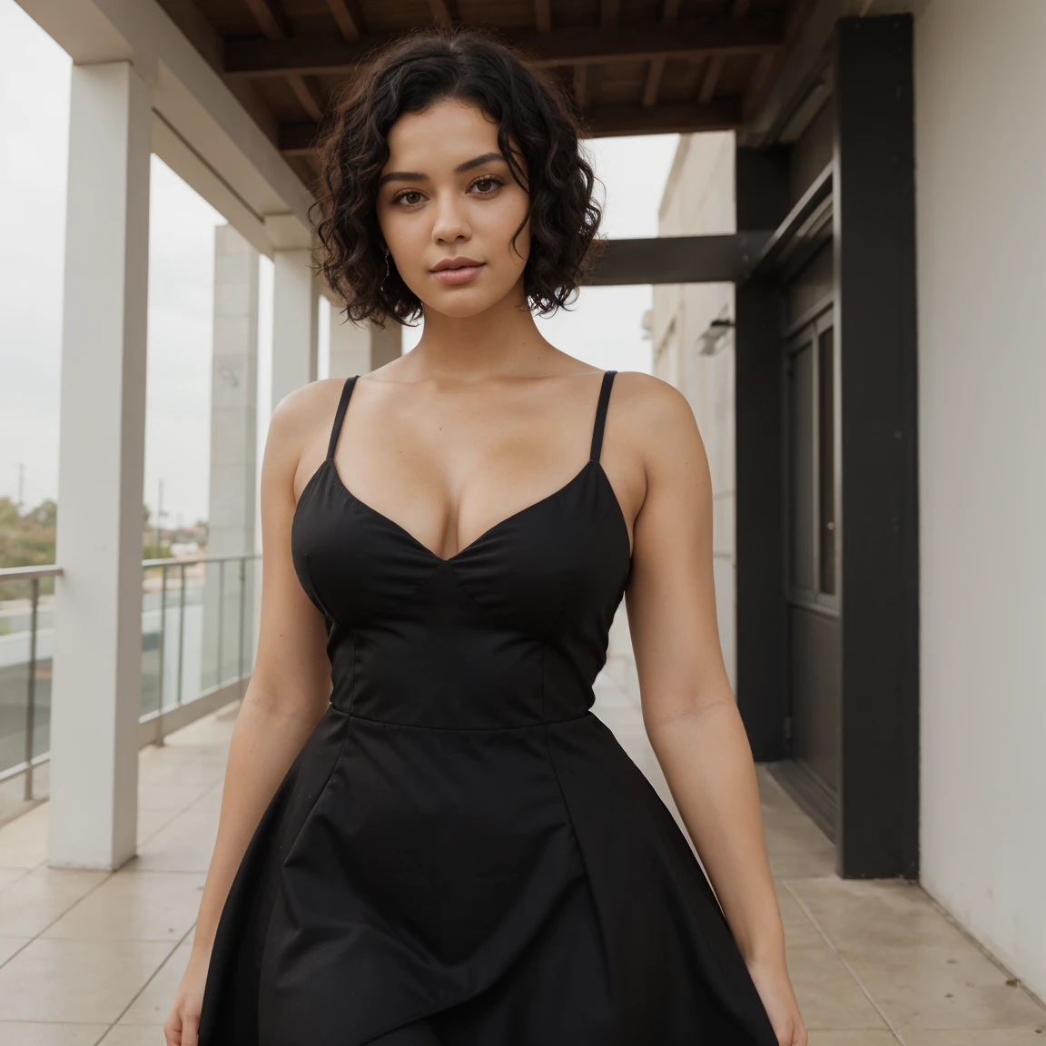 a WOMAN WITH short CURLY black hair and big boos with a model dress