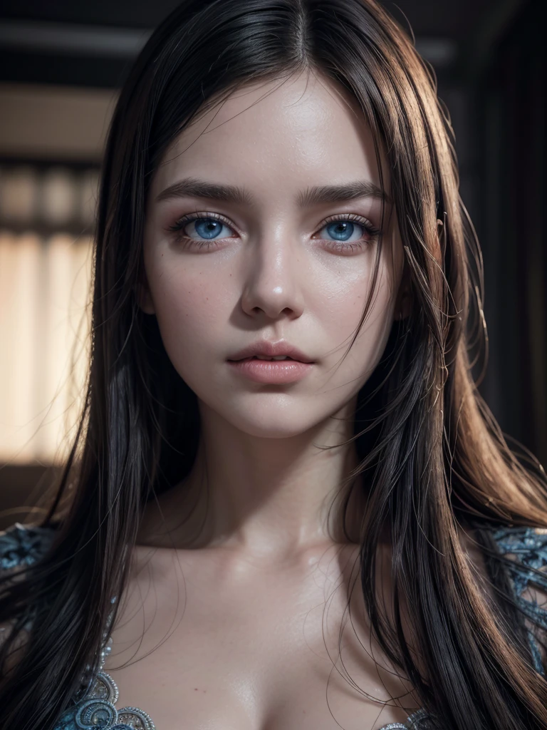 a detailed full body portrait of a curvy white woman with black hair and blue eyes, 8k, octane render, intricate hyperdetails, symmetrical, elegant pose, dramatic lighting, cinematic, dramatic atmosphere, photorealistic, highly detailed facial features, beautiful detailed eyes,beautiful detailed lips,extremely detailed eyes and face,longeyelashes,flowing hair, detailed jewelry, flowing dress, masterpiece,best quality,4k,8k,highres,ultra-detailed,realistic,photorealistic,photo-realistic:1.37,vivid colors,studio lighting,physically-based rendering,extreme detail description,professional
