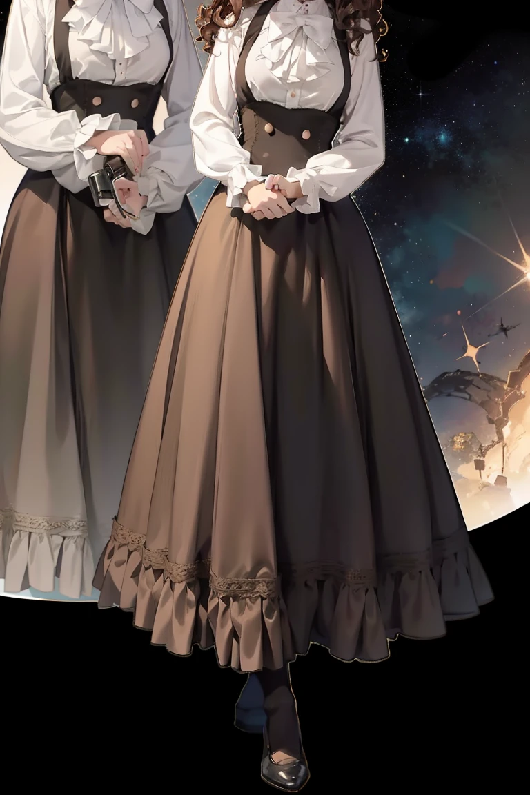masterpiece, absurdres, 1girl, cowboyshot, tachi-e, mature woman, best aesthetics, medium breasts, wide hips, thick thighs, dark brown hair, curly hair, textured hair, hip-length hair, narrow eyes, dark skin, ankle-length dress, arched nose, soft shading, very detailed face, clean lines, dynamic pose, anatomically correct, hyperdetailed, beautiful lighting, dark atmosphere, dark eyeshadow, good makeup, detailed hair, green eyes, sparkling eyes, telescope, magic, fantasy, medieval, high fantasy, black stockings, comfy, cozy, tareme, medium chest, SFW, long dress, arms behind back, outdoors, constellations in sky, stargazing, african-american, poofy skirt