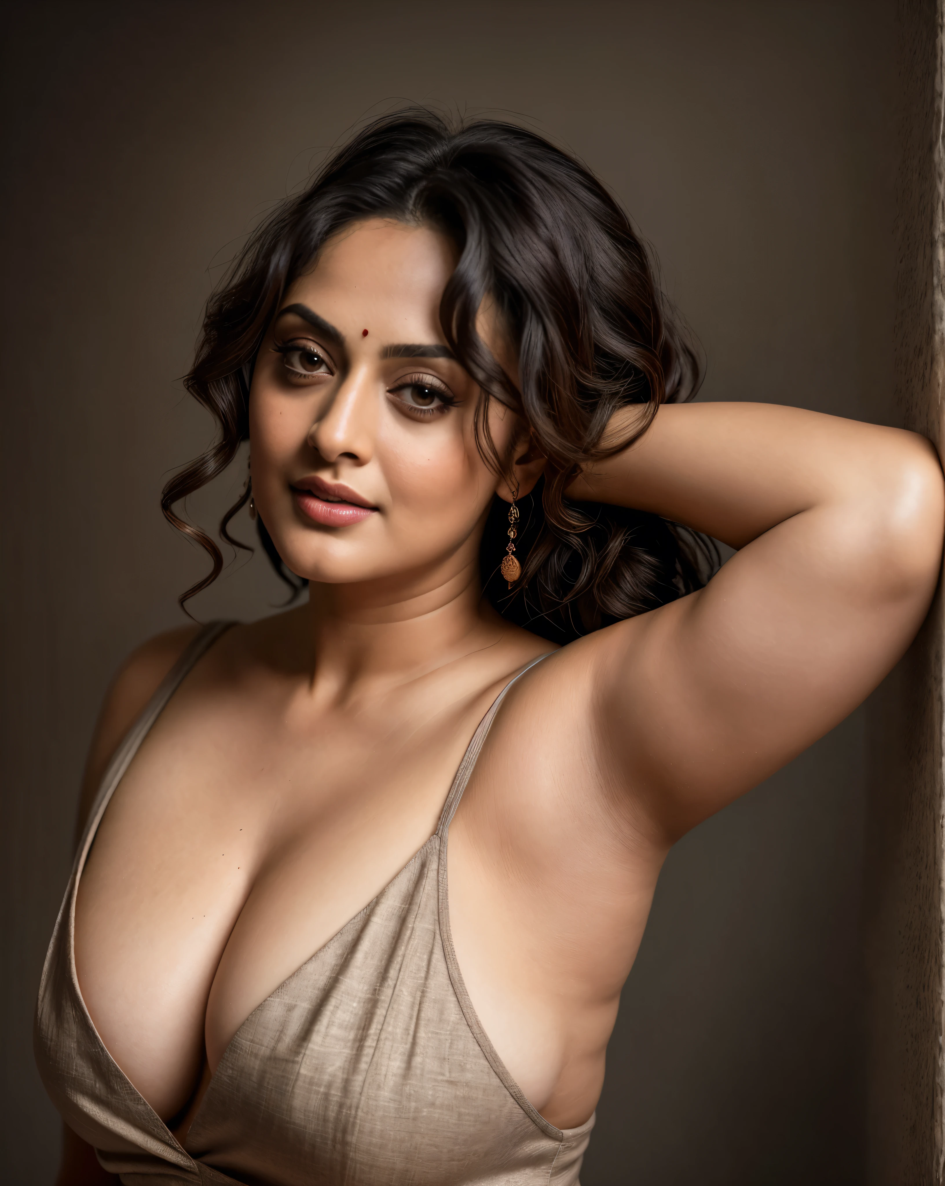 Looks like Sandeepa Dhar, a photo portrait of a beautiful girl 40 years old Woman, curvy hot mommy figure, fleshy figure, with curls, styled black hair, (face portrait:1.5), dramatic light, Rembrandt lighting scheme, bust shot, linen tank top , top quality editorial photograph, skin texture, skin pores, chocolate skin, high quality skin, top quality photography, professional photography, professional retouching, insane detailing, warm moody tones, modern clothes, highly detailed armpits, 