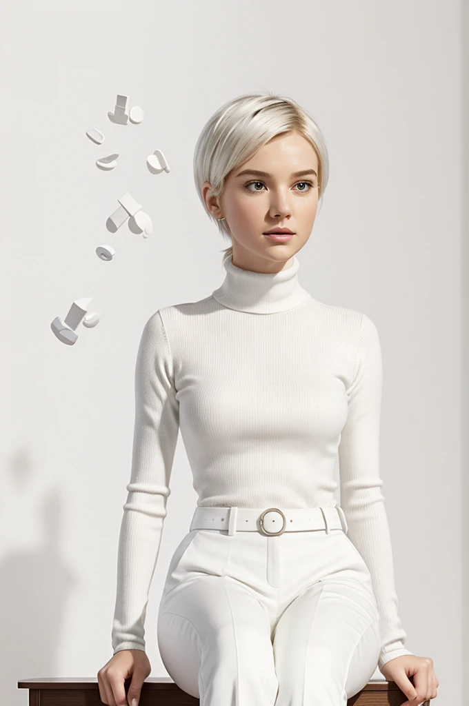 Pixar type poster of a character with very short white pieces ,with little white book hair ,seated, with a totally white background and decoration,white turtleneck shirt,totally white pants and white wings that have a heart in the middle