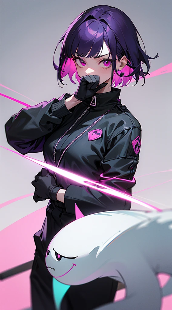 Top Quality, 8K, 4K, High Definition, Detail, (better-quality, 8K, 12), top-quality, 1 girl、only showing her face, she has purple hair, wearing a yellow pin on her right side of her hair, she has her hands together, she looking at you, she is smiling at you, medium breast, her jacket color dark gray with a pink zipper, pink eyes, showing her face and chesat, short hair long as her neck, (only showing half of her body) her jacket is loose. she is wearing earing only right ear shaped has a heart, (she holding katana) katana facing down, (katana is covering half of her face,) katana attach to her, katana on right side of her wrist, she mad, green ghost effect coming off, one white eye,