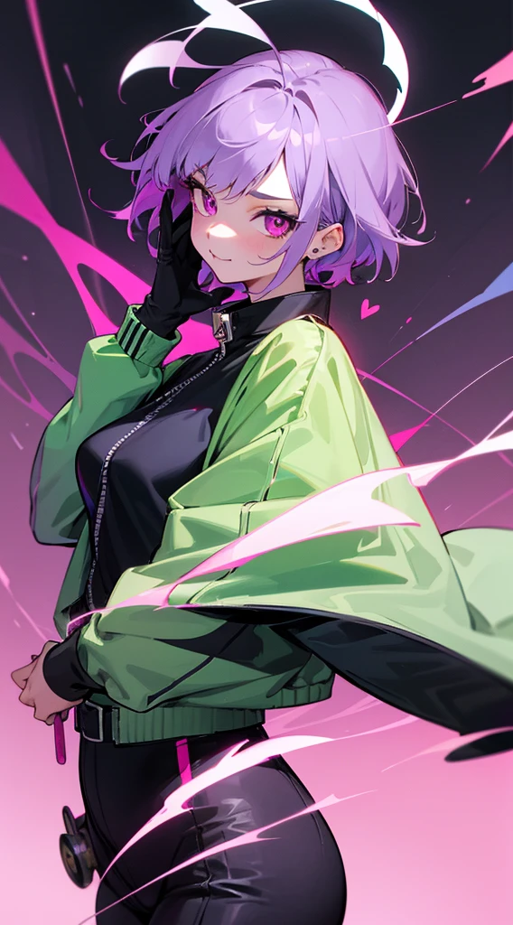 Top Quality, 8K, 4K, High Definition, Detail, (better-quality, 8K, 12), top-quality, 1 girl、only showing her face, she has purple hair, wearing a yellow pin on her right side of her hair, she has her hands together, she looking at you, she is smiling at you, medium breast, her jacket color dark gray with a pink zipper, pink eyes, showing her face and chesat, short hair long as her neck, (only showing half of her body) her jacket is loose. she is wearing earing only right ear shaped has a heart, (she holding katana) katana facing down, (katana is covering half of her face,) katana attach to her, katana on right side of her wrist, she mad, green ghost effect coming off, one white eye,
