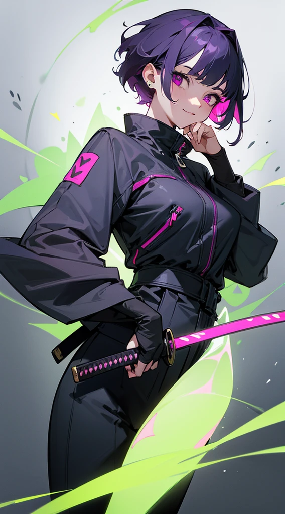 Top Quality, 8K, 4K, High Definition, Detail, (better-quality, 8K, 12), top-quality, 1 girl、only showing her face, she has purple hair, wearing a yellow pin on her right side of her hair, she has her hands together, she looking at you, she is smiling at you, medium breast, her jacket color dark gray with a pink zipper, pink eyes, showing her face and chesat, short hair long as her neck, (only showing half of her body) her jacket is loose. she is wearing earing only right ear shaped has a heart, (she holding katana) katana facing down, (katana is covering half of her face,) katana attach to her, katana on right side of her wrist, she mad, green ghost effect coming off, one white eye,