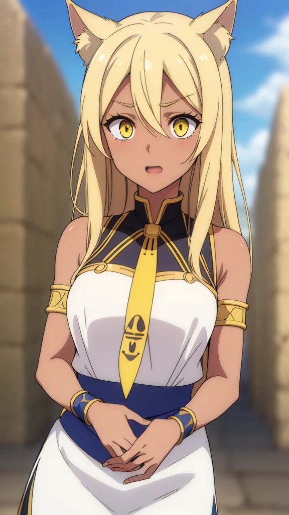 (1girl ,solo,20s,mature female),blonde hair,long hair,cat ears,yellow eyes,(((dark skin))),(Egypt, blue sky, sun),white egypt oufit,bare shoulders,looking at view,blank eyes,((surprised))