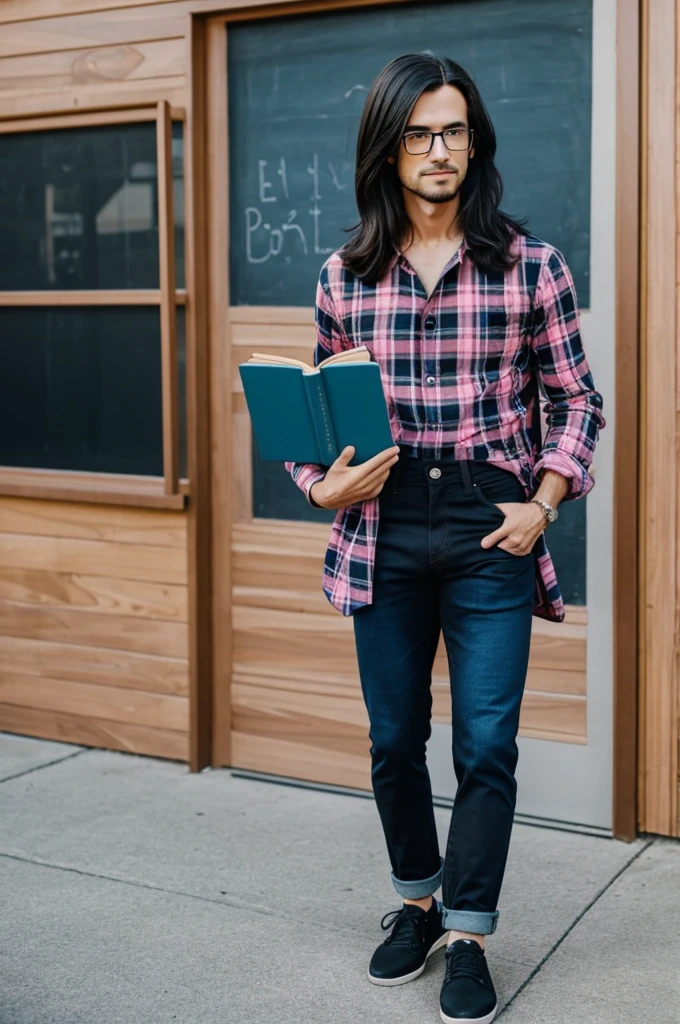 A cartoon preschool teacher, shoulder-length hair, black, with glasses with a pink flannel and blue jeans, black shoes, with a book in his hands 