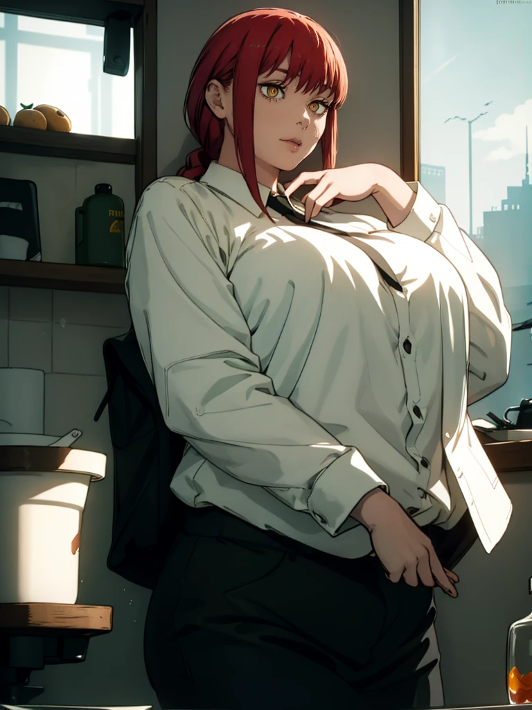 Le personnage Makima de la série animée Chainsaw Man, fragile, obésité morbide, ssbbw, pleine longueur (corps entier 1.1.), fond sombre, obscurité, anatomie correcte 1.1, anatomie correcte de la main, Très féminin, corps gras et rond, grosses Jambes, fesses, beau corps obèse, ventre rond et mou très gras, cheveux roux, Yeux oranges, Cercles rouges pour les écoliers, chemise blanche, jupe noire, cravate noire, pose sexy, réaliste, very détaillé, beau corps, détaillé body, détaillé hands, détaillé, vibrant, détaillé Face, Conception des personnages de Makima. very détaillé, détaillé body, détaillé hands, détaillé Face, Art animé, Hugh Détails, Visage très abattu, détaillé eyes, Illustration ultra fine, Meilleure ombre, détail fin, beautiful détaillé glow, beautiful détaillé, Extraordinairement beau, extremely détaillé, inexpressif, composition épique, Style animé. art animé, Style animé. Jupe noire, chemise blanche, cravatte, pose sexy