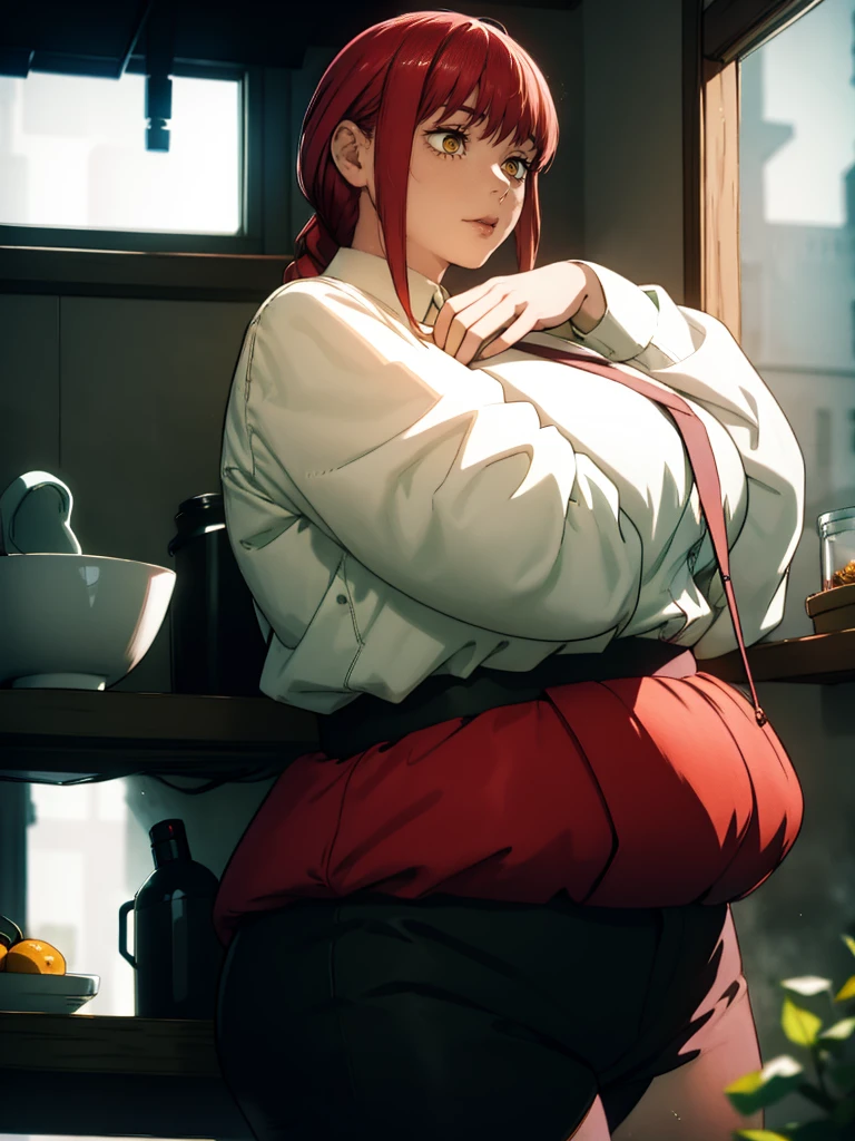 Le personnage Makima de la série animée Chainsaw Man, fragile, obésité morbide, ssbbw, pleine longueur (corps entier 1.1.), fond sombre, obscurité, anatomie correcte 1.1, anatomie correcte de la main, Très féminin, corps gras et rond, grosses Jambes, fesses, beau corps obèse, ventre rond et mou très gras, cheveux roux, Yeux oranges, Cercles rouges pour les écoliers, chemise blanche, jupe noire, cravate noire, pose sexy, réaliste, very détaillé, beau corps, détaillé body, détaillé hands, détaillé, vibrant, détaillé Face, Conception des personnages de Makima. very détaillé, détaillé body, détaillé hands, détaillé Face, Art animé, Hugh Détails, Visage très abattu, détaillé eyes, Illustration ultra fine, Meilleure ombre, détail fin, beautiful détaillé glow, beautiful détaillé, Extraordinairement beau, extremely détaillé, inexpressif, composition épique, Style animé. art animé, Style animé. Jupe noire, chemise blanche, cravatte, pose sexy