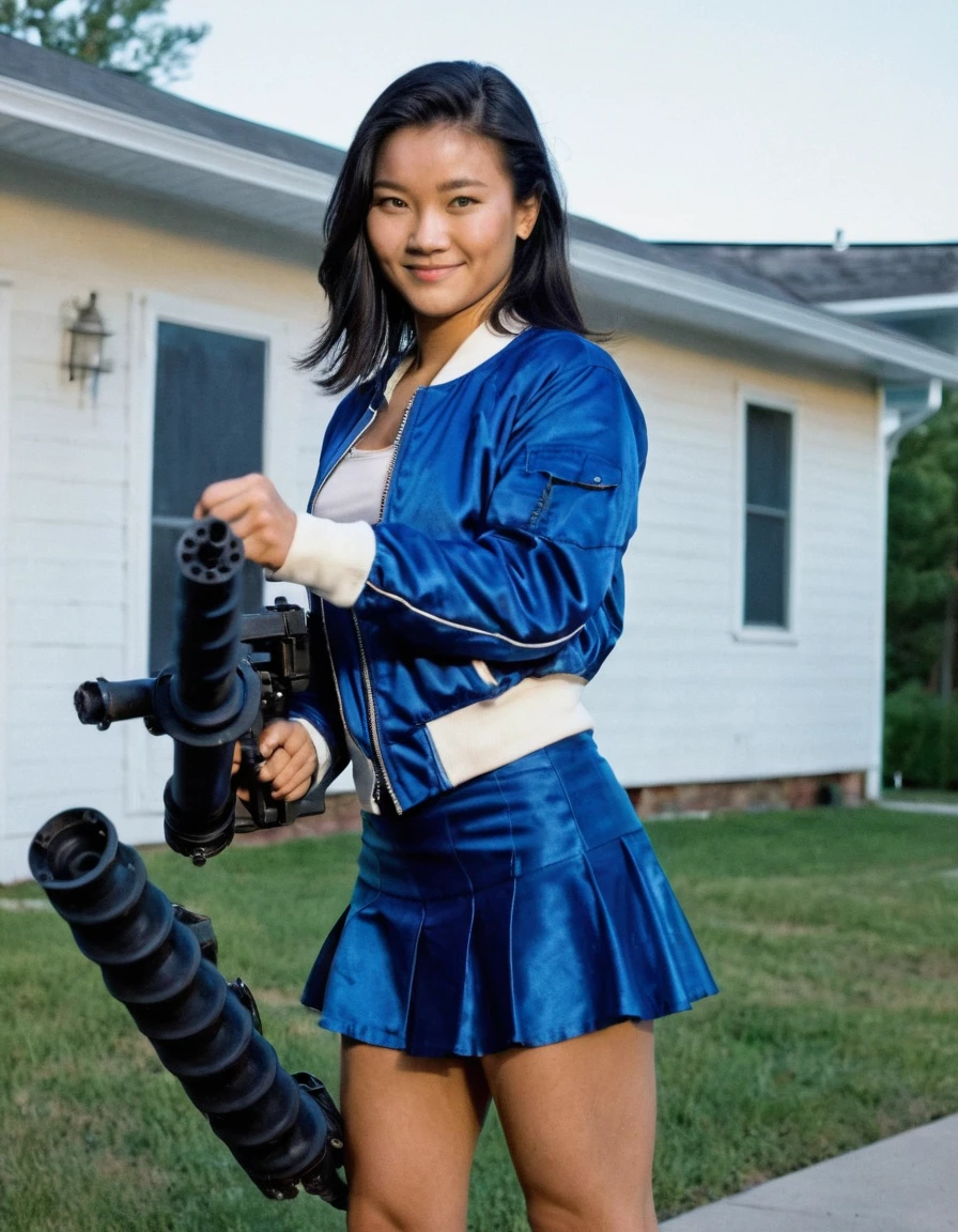 photo realistic , beautiful 21 year old raven haired Asian woman, holding with both hands a M124 minigun, aiming gun at camera, smiling, full body in frame, smirking, full body image, two tone royal blue and white satin bomber jacket fully zipped, , satin cheerleader skirt, , walking up to a front porch in a rural neighborhood,, long hair, evening lighting.