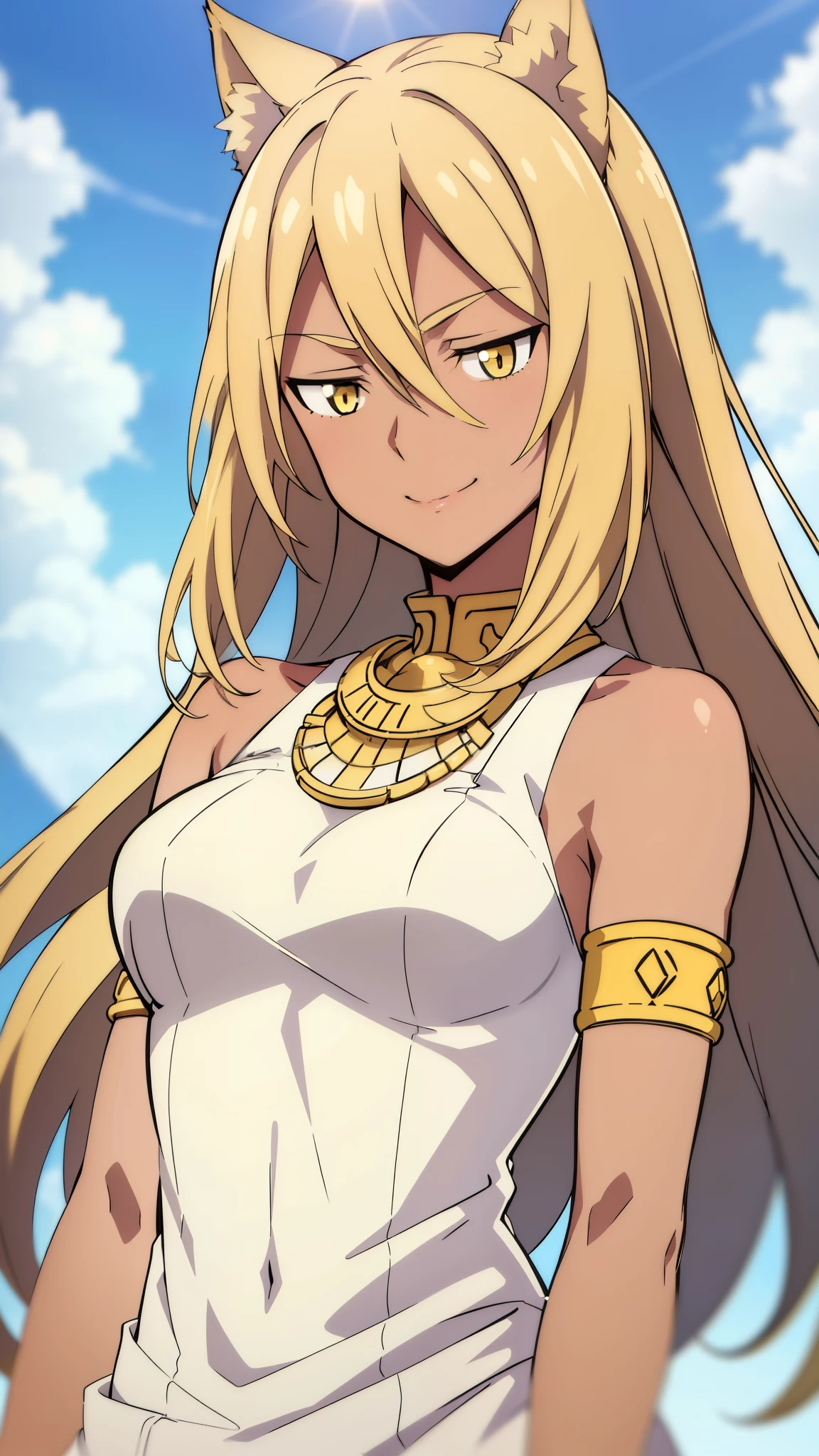 (1girl ,solo,20s,mature female),blonde hair,long hair,cat ears,yellow eyes,(((dark skin))),(Egypt, blue sky, sun),white egypt oufit,bare shoulders,upper body,smile
