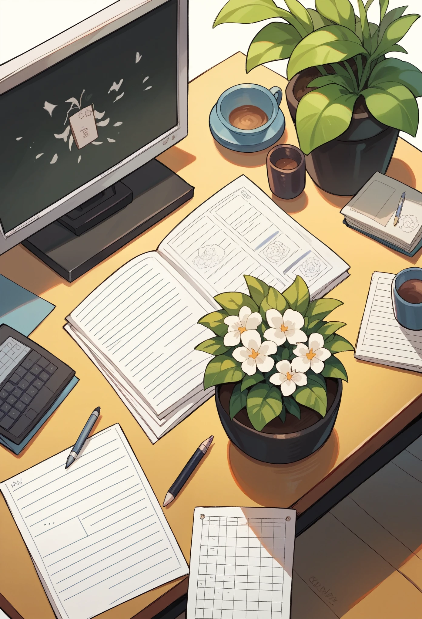 Generate for me the image seen from above of a clean style desk in a sunny location , with computer, agenda, pens scattered across the table, a cup of coffee, a small vase of flowers in the background and a notepad on top of that desk