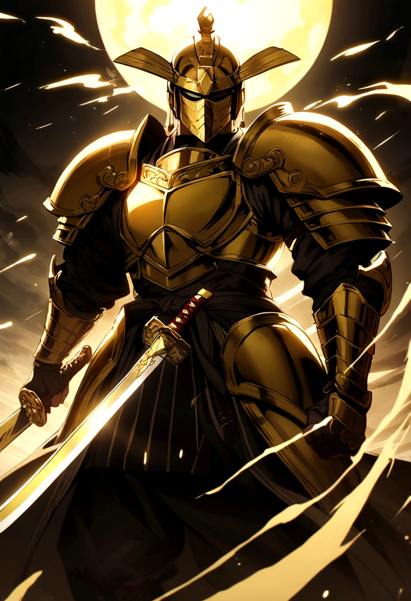 A mighty samurai with a golden blade and golden armor and an aura like the sun surrounding him and his sword