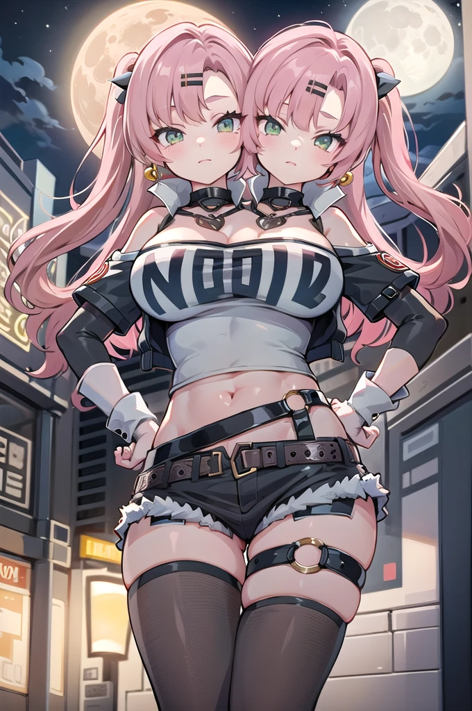 masterpiece, best quality, ultra-detailed, extremely detailed,illustration, 1girl, nicole demara, hair ribbon, hairclip, earrings, black collar, tube top, single thighhigh, short shorts, cropped jacket, belt, thigh strap, detached sleeves, doll, standing, hand on hip, cowboy shot, night street, moon, (2heads:1.5)