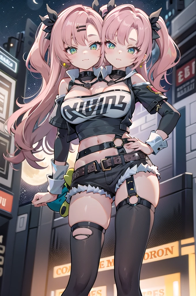 masterpiece, best quality, ultra-detailed, extremely detailed,illustration, 1girl, nicole demara, hair ribbon, hairclip, earrings, black collar, tube top, single thighhigh, short shorts, cropped jacket, belt, thigh strap, detached sleeves, doll, standing, hand on hip, cowboy shot, night street, moon, (2heads:1.5)