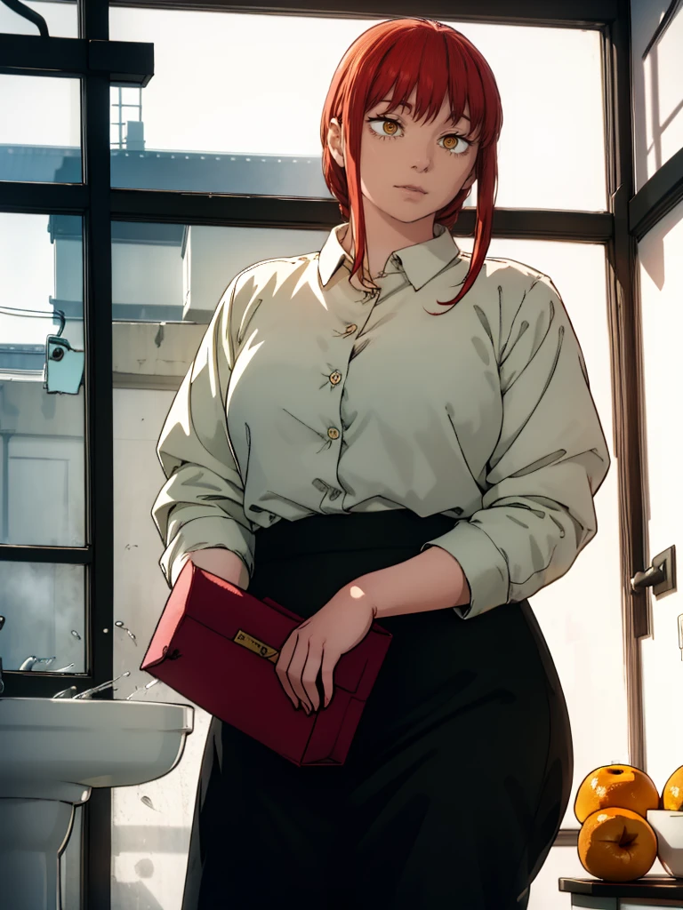 Le personnage Makima de la série animée Chainsaw Man, fragile, obésité morbide, ssbbw, pleine longueur (corps entier 1.1.), fond sombre, obscurité, anatomie correcte 1.1, anatomie correcte de la main, Très féminin, corps gras et rond, grosses Jambes, fesses, beau corps obèse, ventre rond et mou très gras, cheveux roux, Yeux oranges, Cercles rouges pour les écoliers, chemise blanche, jupe noire, cravate noire, pose sexy, réaliste, very détaillé, beau corps, détaillé body, détaillé hands, détaillé, vibrant, détaillé Face, Conception des personnages de Makima. very détaillé, détaillé body, détaillé hands, détaillé Face, Art animé, Hugh Détails, Visage très abattu, détaillé eyes, Illustration ultra fine, Meilleure ombre, détail fin, beautiful détaillé glow, beautiful détaillé, Extraordinairement beau, extremely détaillé, inexpressif, composition épique, Style animé. art animé, Style animé. Jupe noire, chemise blanche, cravatte, pose sexy, yeux jaunes