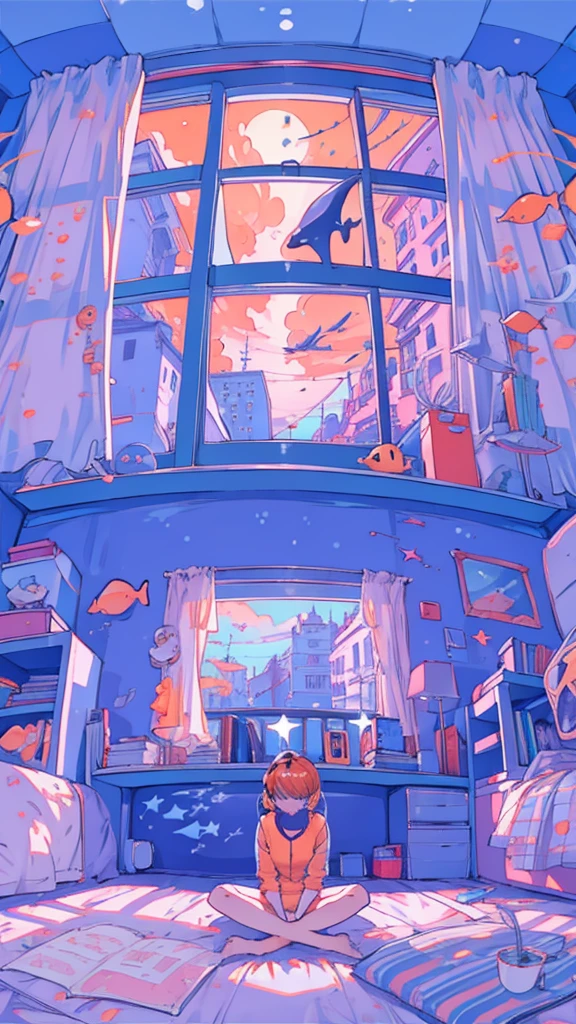 (1 girl)Detailed details, Inside the room, large window, at night, perfect anatomy, girl sitting on the floor looking at you, headphones, orange tropical fish floating, star night, stars outside the window, orange room