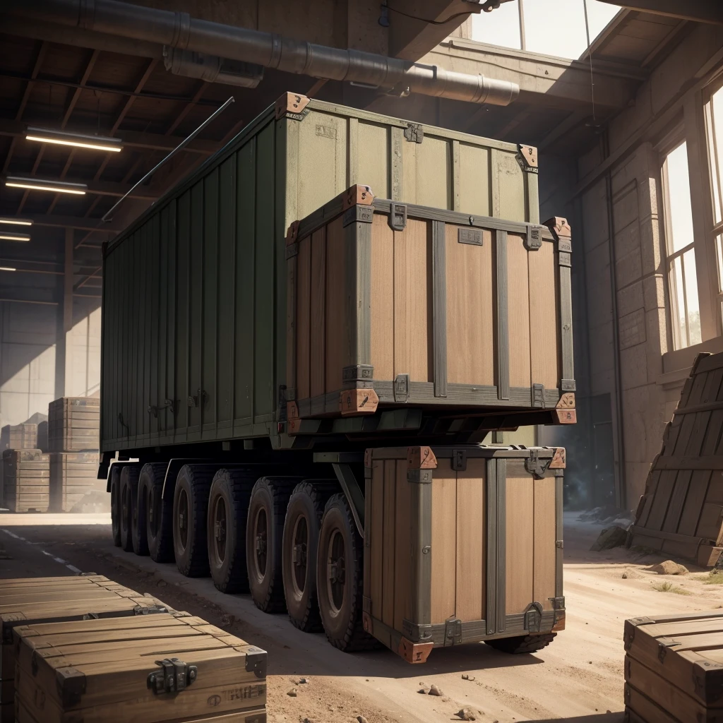 armory with military crates and equipment, there is a truck with mounted gatling 