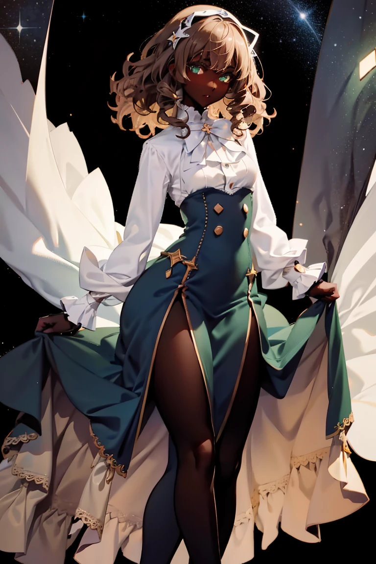 masterpiece, absurdres, 1girl, cowboyshot, tachi-e, mature woman, best aesthetics, medium breasts, wide hips, thick thighs, dark brown hair, curly hair, textured hair, hip-length hair, narrow eyes, dark skin, ankle-length dress, arched nose, soft shading, very detailed face, clean lines, dynamic pose, anatomically correct, hyperdetailed, beautiful lighting, dark atmosphere, dark eyeshadow, good makeup, detailed hair, green eyes, sparkling eyes, telescope, magic, fantasy, medieval, high fantasy, black stockings, comfy, cozy, tareme, medium chest, SFW, long dress, arms behind back, outdoors, constellations in sky, stargazing, african-american