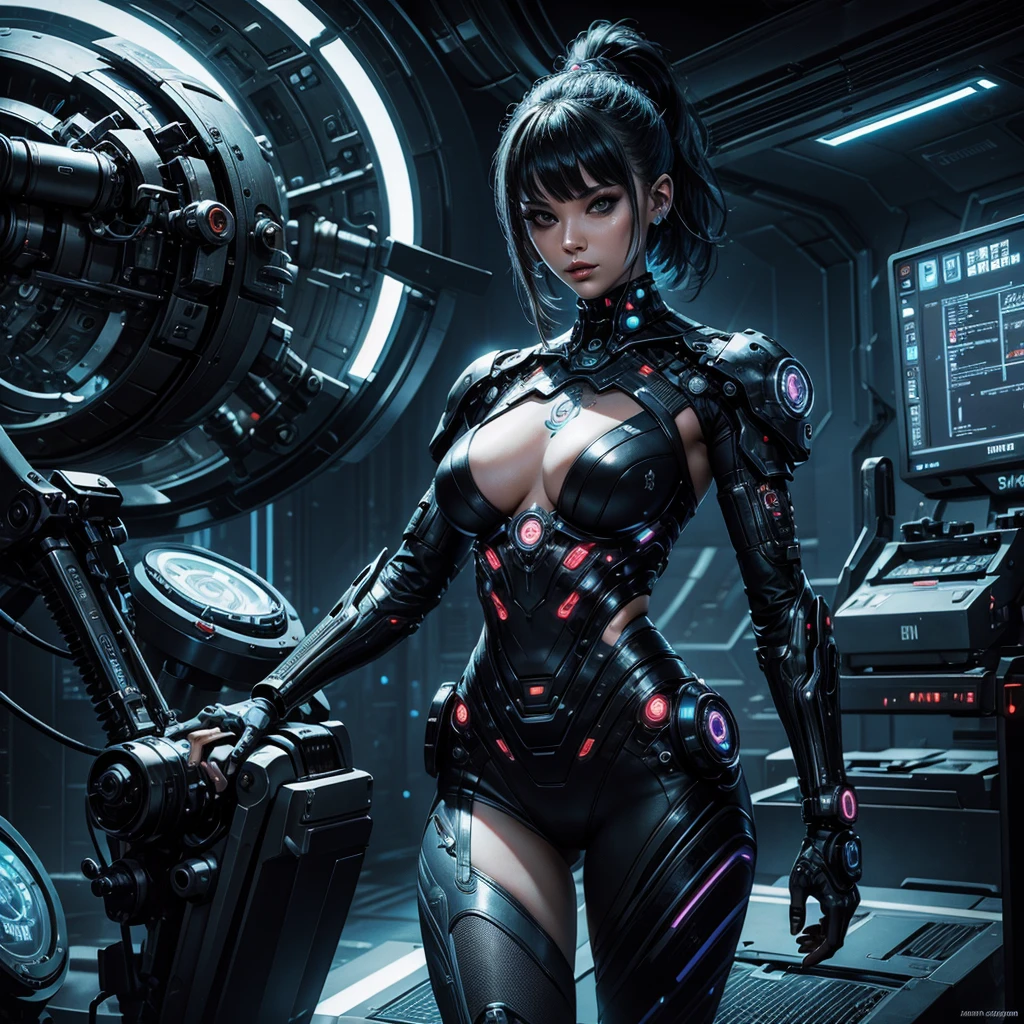 A sexy tattooed cyber girl wearing technological tools, in a futuristic planetary colony, surrounded by sinister and disturbing cyborgs