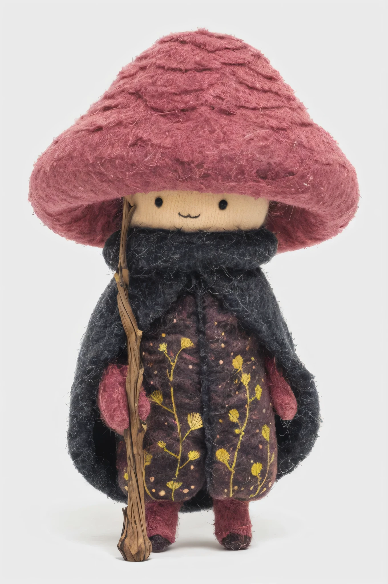 The Boletus luridus plush doll features the image of a middle-aged nationalist with a slightly wizardly demeanor. The dark pink flat and wide half dome is topped with a large cap, and the stalks fade from dark pink to greenish yellow from the root. No unnecessary decorations, super minimalist design. Holds a staff made of plush material. Plush texture. White background.8k.HD.
