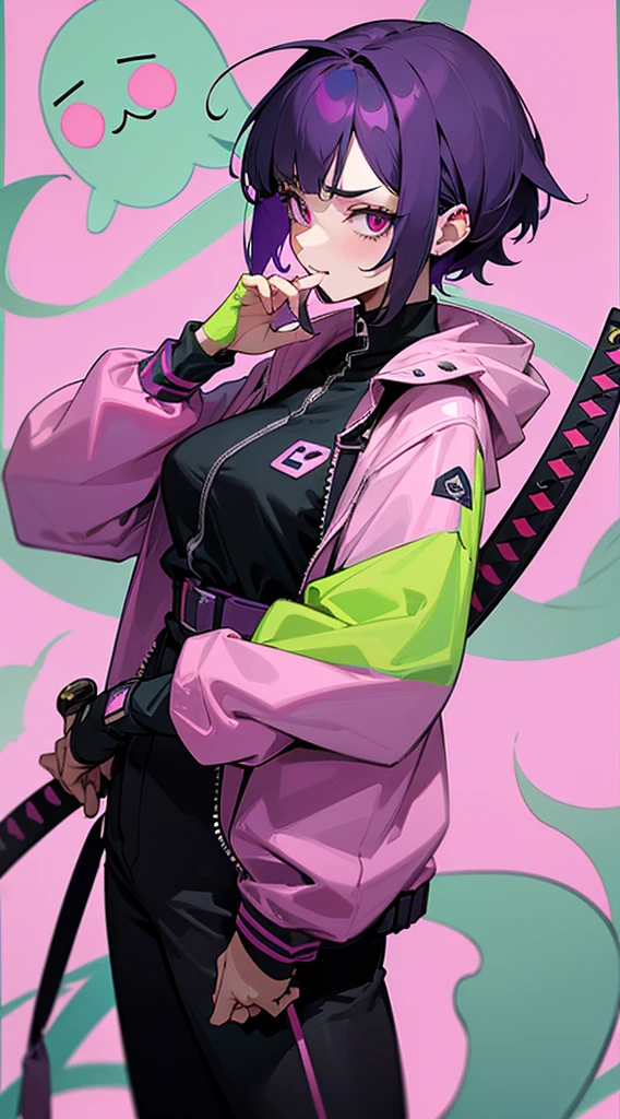 Top Quality, 8K, 4K, High Definition, Detail, (better-quality, 8K, 12), top-quality, 1 girl、only showing her face, she has purple hair, wearing a yellow pin on her right side of her hair, she has her hands together, she looking at you, she is smiling at you, medium breast, her jacket color dark gray with a pink zipper, pink eyes, showing her face and chesat, short hair long as her neck, (only showing half of her body) her jacket is loose. she is wearing earing only right ear shaped has a heart, (she holding katana) katana facing down, (katana is covering half of her face,) katana attach to her, katana on right side of her wrist, she mad, green ghost effect coming off, one white eye,