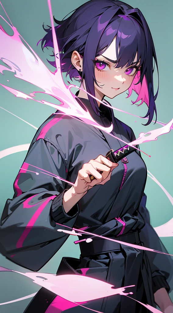 Top Quality, 8K, 4K, High Definition, Detail, (better-quality, 8K, 12), top-quality, 1 girl、only showing her face, she has purple hair, wearing a yellow pin on her right side of her hair, she has her hands together, she looking at you, she is smiling at you, medium breast, her jacket color dark gray with a pink zipper, pink eyes, showing her face and chesat, short hair long as her neck, (only showing half of her body) her jacket is loose. she is wearing earing only right ear shaped has a heart, (she holding katana) katana facing down, (katana is covering half of her face,) katana attach to her, katana on right side of her wrist, she mad, green ghost effect coming off, one white eye,