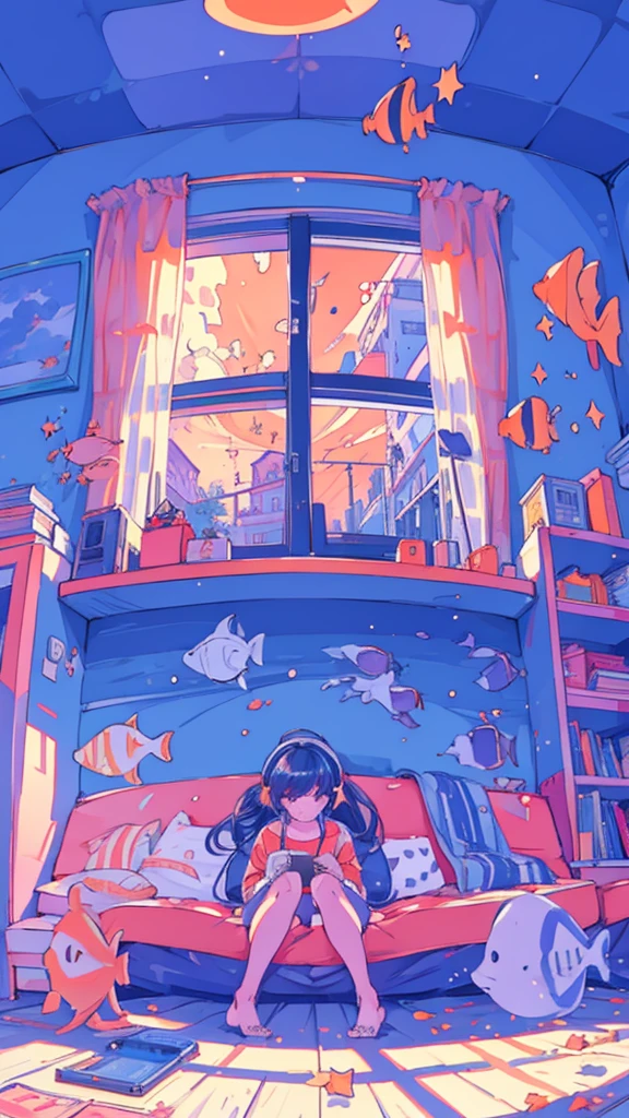 (1 girl)Detailed details, Inside the room, large window, at night, perfect anatomy, girl sitting on the floor looking at you, headphones, orange tropical fish floating, star night, stars outside the window, orange room