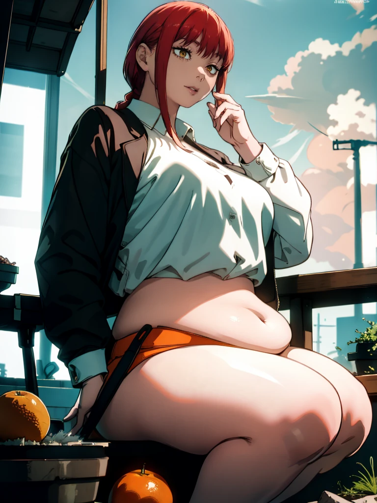 Le personnage Makima de la série animée Chainsaw Man, fragile, obésité morbide, ssbbw, pleine longueur (corps entier 1.1.), fond sombre, obscurité, anatomie correcte 1.1, anatomie correcte de la main, Très féminin, corps gras et rond, grosses Jambes, fesses, beau corps obèse, ventre rond et mou très gras, cheveux roux, Yeux oranges, Cercles rouges pour les écoliers, chemise blanche, jupe noire, cravate noire, pose sexy, réaliste, very détaillé, beau corps, détaillé body, détaillé hands, détaillé, vibrant, détaillé Face, Conception des personnages de Makima. very détaillé, détaillé body, détaillé hands, détaillé Face, Art animé, Hugh Détails, Visage très abattu, détaillé eyes, Illustration ultra fine, Meilleure ombre, détail fin, beautiful détaillé glow, beautiful détaillé, Extraordinairement beau, extremely détaillé, inexpressif, composition épique, Style animé. art animé, Style animé. Jupe noire, chemise blanche, cravatte, pose sexy