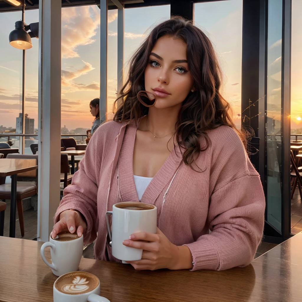 beau gingembre portant un pull rose (sipping coffee in a modern cafe at sunset), very detailed, 21 ans, Visage innocent, natural wavy hair, Blue eye, high resolution, Boss of&#39;ouvrages d&#39;art, best quality, intricate details, very detailed, acuity, detailed skin, realistic skin texture, texture, detailed eyes, professionnel, 4K, charming smile, shot with Canon, 85mm, shallow depth of field,  Kodak Vision Color, corps parfaitement ajusté, extremely detailed, photo_\(ultra\), photorealistic, realistic, Post-traitement, maximum detail, roughness, real life, ultra realistic, photorealism, la photographie, 8k uh, la photographie