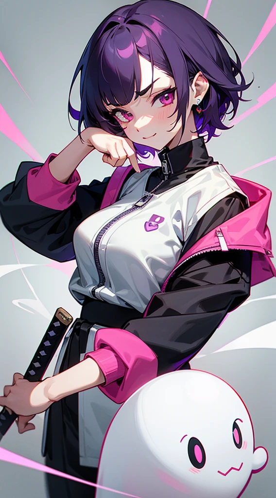 Top Quality, 8K, 4K, High Definition, Detail, (better-quality, 8K, 12), top-quality, 1 girl、only showing her face, she has purple hair, wearing a yellow pin on her right side of her hair, she has her hands together, she looking at you, she is smiling at you, medium breast, her jacket color dark gray with a pink zipper, pink eyes, showing her face and chesat, short hair long as her neck, (only showing half of her body) her jacket is loose. she is wearing earing only right ear shaped has a heart, (she holding katana) katana facing down, (katana is covering half of her face,) katana attach to her, katana on right side of her wrist, she mad, green ghost effect coming off, one white eye,