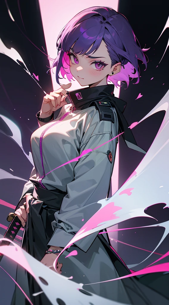 Top Quality, 8K, 4K, High Definition, Detail, (better-quality, 8K, 12), top-quality, 1 girl、only showing her face, she has purple hair, wearing a yellow pin on her right side of her hair, she has her hands together, she looking at you, she is smiling at you, medium breast, her jacket color dark gray with a pink zipper, pink eyes, showing her face and chesat, short hair long as her neck, (only showing half of her body) her jacket is loose. she is wearing earing only right ear shaped has a heart, (she holding katana) katana facing down, (katana is covering half of her face,) katana attach to her, katana on right side of her wrist, she mad, green ghost effect coming off, one white eye,