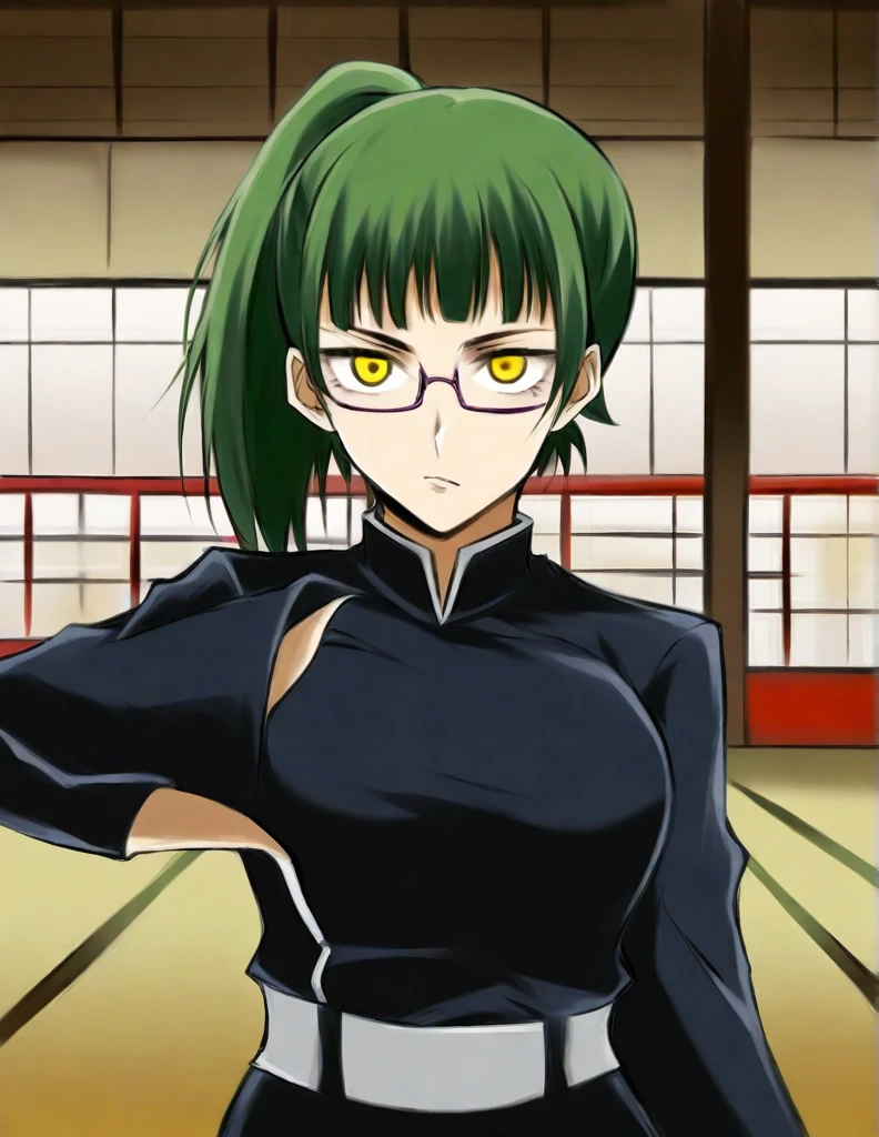 score_9, score_8_up, score_7_up, source_anime,
MakiZenin, Maki Zenin, green ponytail hair, glasses, yellow eyes,
blue tight skirt, blue tight jacket, jujutsu kaisen uniform,
indoors, dojo, seductive pose,
solo, looking at viewer, 