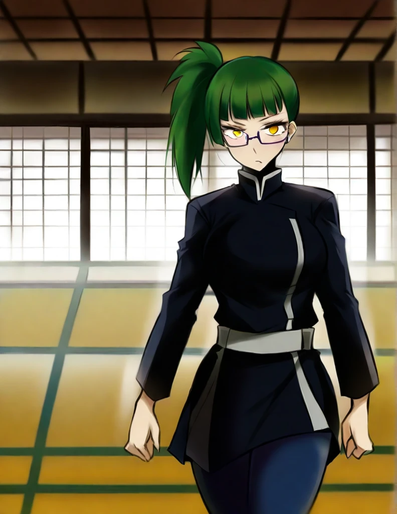 score_9, score_8_up, score_7_up, source_anime,
MakiZenin, Maki Zenin, green ponytail hair, glasses, yellow eyes,
blue tight skirt, blue tight jacket, jujutsu kaisen uniform,
indoors, dojo, seductive pose,
solo, looking at viewer,